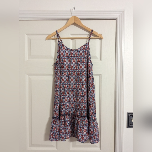 ODEL Dress blue, red and cream sleeveless ruffle hem size 4 - Picture 1 of 8